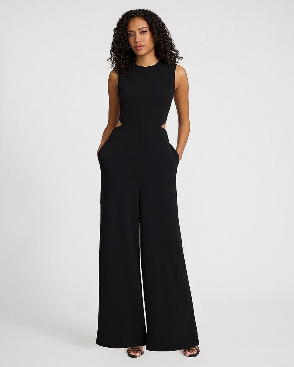 Express Black Crew Neck Cutout Sleeveless Wide Leg Jumpsuit Pockets XS